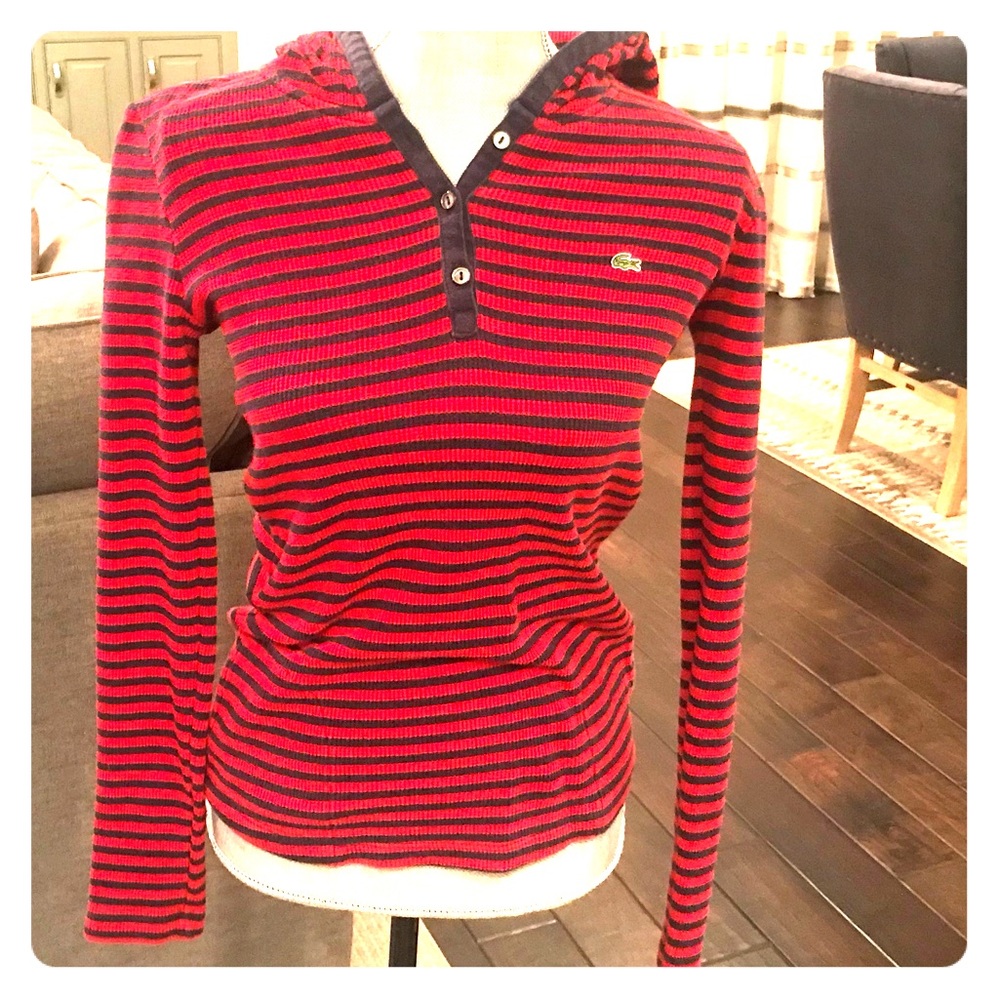 Lacoste red/navy cotton striped hoody w/ pockets
